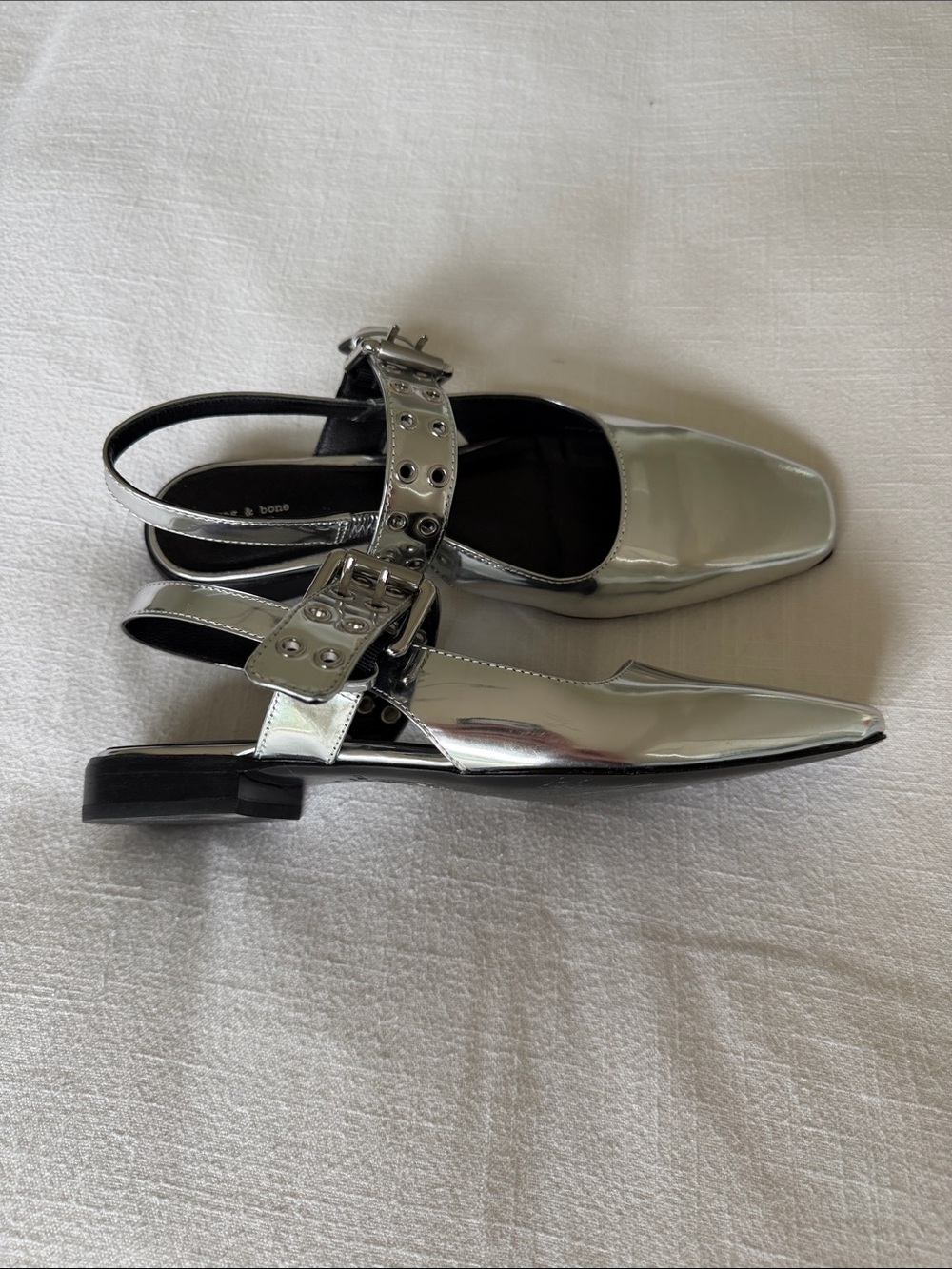Rag & Bone Metallic Silver Square-Toe Slingback Mules with Grommet Strap - Picture 3 of 6